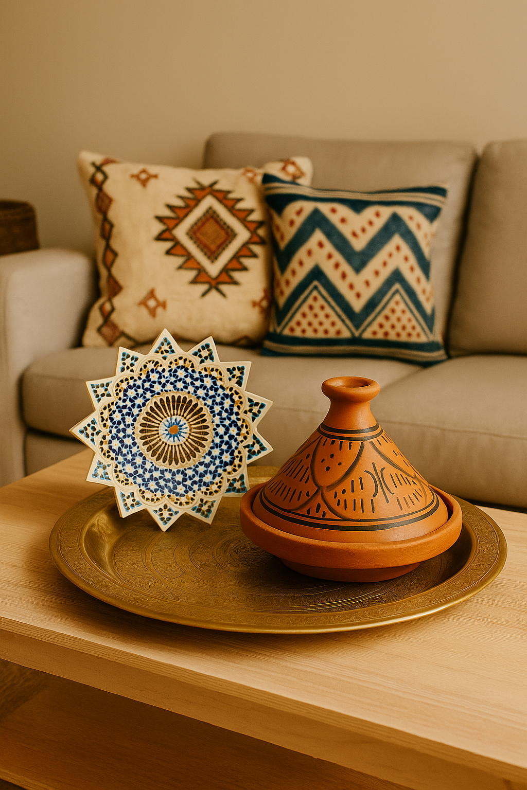 Tajine et sous tasses avec un arrière plan artisanal purement marocain